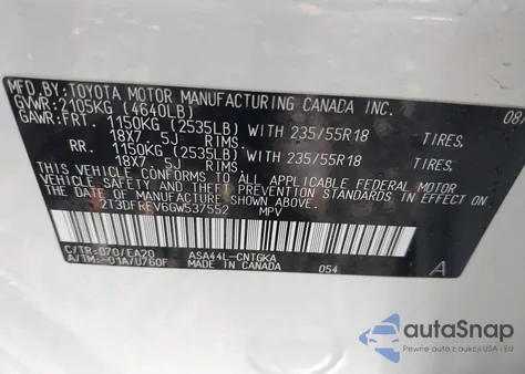 2016 Toyota Rav4 Limited z USA, uszkodzony, nr VIN 2T3DFREV6GW537552